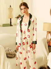Load image into Gallery viewer, Three-piece Set Spring and Autumn Ice Silk Pajama Set Women&#39;s Printed Cute Strawberry Long Sleeve Cardigan Silk Strap Home Service Thin
