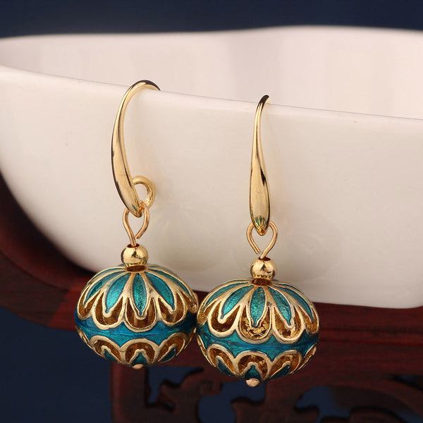Ethnic Sky Blue Cloisonne Earrings Vintage Flower Round Drop Earrings for Women and Girl Jewelry
