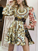 Load image into Gallery viewer, Vintage Print Women's Dress V Neck Puff Long Sleeve High Waist Tunic Patchwork Ruffle Mini Female Dresses