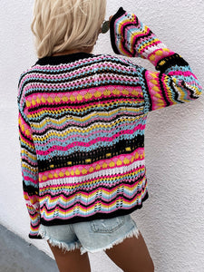 Striped sweater women loose plus size rainbow knit sweater button cardigan