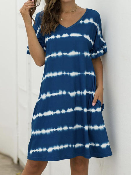 Summer Women Short Sleeve Loose Wavy Stripes Mini Dress