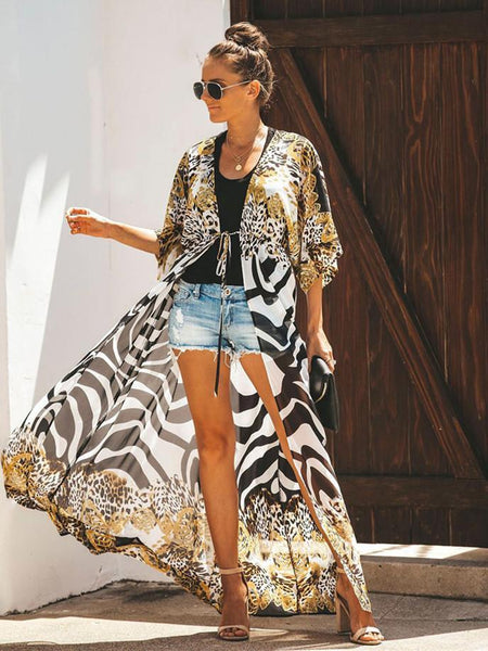 Chiffon Print Leopard Print Beach Sunscreen Holiday Cardigan Long Skirt Bikini Hoodie