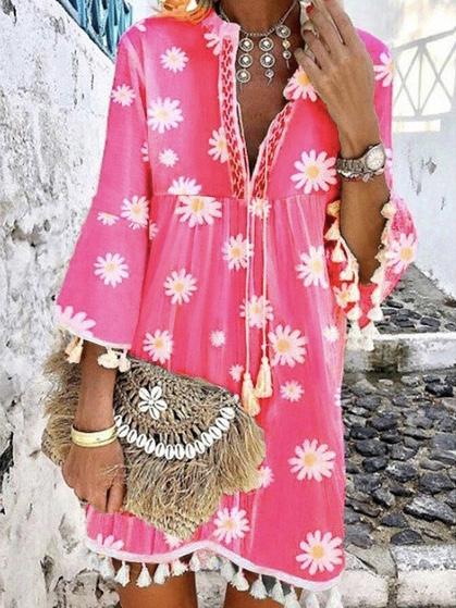 Summer New Style Printed Daisy Ruffled Fringed V-neck Dress