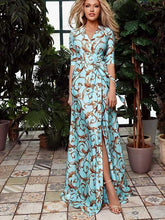 Load image into Gallery viewer, Women&#39;s print slim dress mid-sleeved V-neck maxi skirt