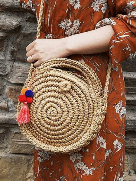 Beach Women s Shoulder Crossbody Round Holiday Weaving Bag