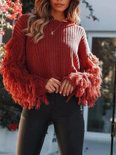 Load image into Gallery viewer, Solid Color Round Neck Long Sleeve Tassel Sweater
