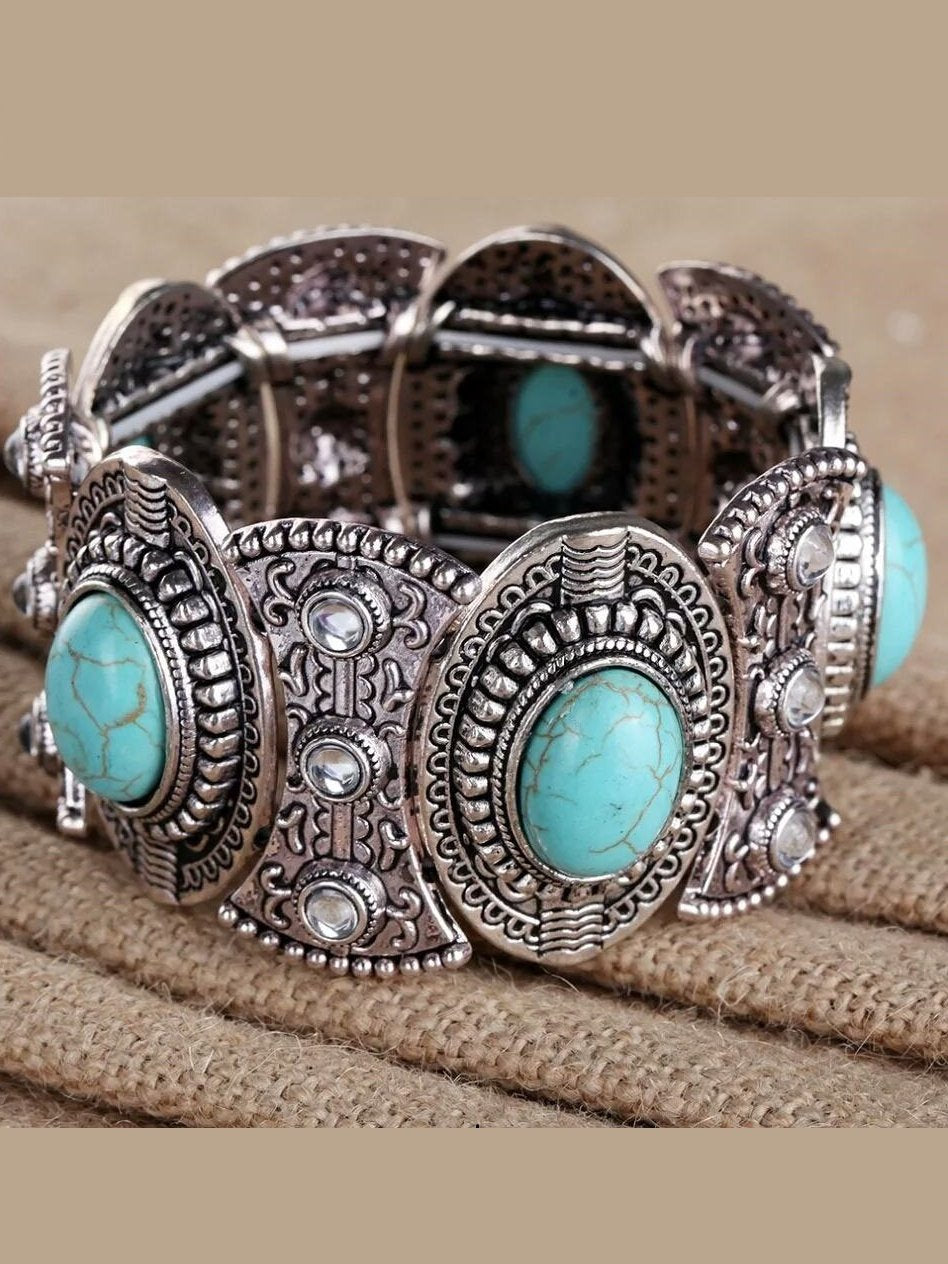 Vintage Ethnic Style Alloy Plated Ancient Silver Turquoise Bracelet