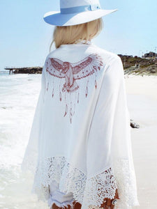 Eagle Printed Beach Chiffon Lace Stitch Large Size Holiday Cardigan