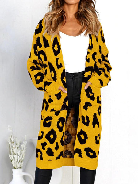 Long Sleeve Leopard Knit Loose Pocket Long Cardigan Coat