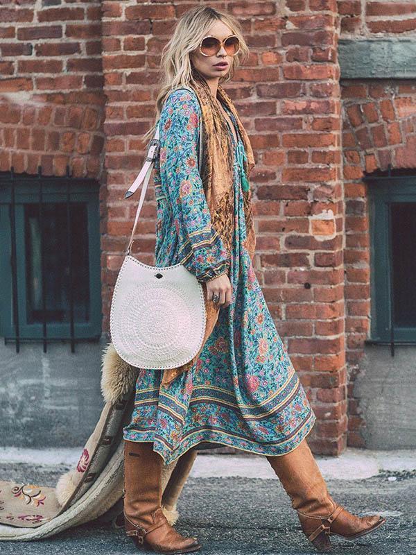 Romantic Blue Floral 3/4 Sleeve Bohemia Dress Maxi Dress  dudesky
