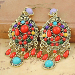 Ethnic Colorful Stone Big Gypsy Drop Fashion Bohemian Vintage Earrings - hiblings