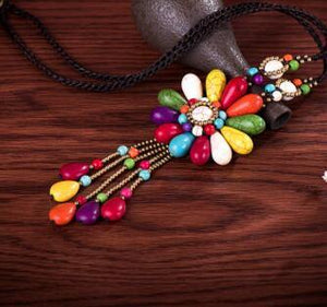 Women Boho Long Natural Stone Tassel Flower Vintage Ethnic Style Statement Necklace - hiblings