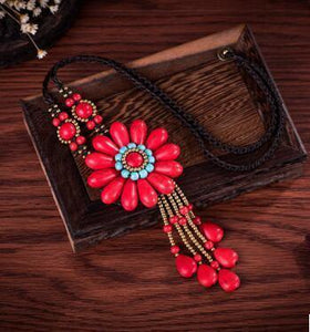 Women Boho Long Natural Stone Tassel Flower Vintage Ethnic Style Statement Necklace - hiblings