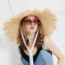 Load image into Gallery viewer, Lace strap straw hat bow wide grass female summer cap beach visor outdoor holiday beach sun protection hat Collapsible