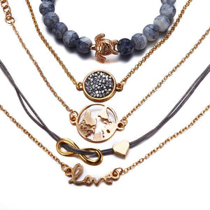Vintage Turtle Heart Map Charm Beads Bracelet Set Boho Jewelry