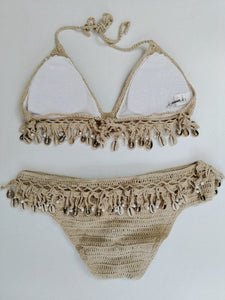 Solid crochet bikini set Shell tassels bikini Brazilian crochet swimsuit women halter swimwear strappy bikinis