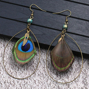 Boho Vintage Feather Peacock Metal Circle Earring Jewelry