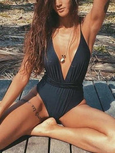 Solid Color Sexy Deep V One Piece Swimsuit  Backless Bodysuit Monokini Swimwear