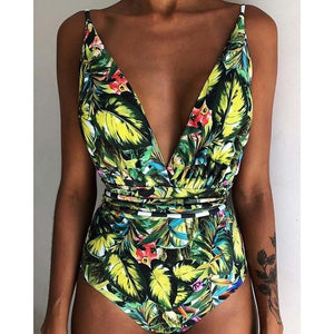 Solid Color Sexy Deep V One Piece Swimsuit  Backless Bodysuit Monokini Swimwear
