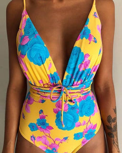 Solid Color Sexy Deep V One Piece Swimsuit  Backless Bodysuit Monokini Swimwear