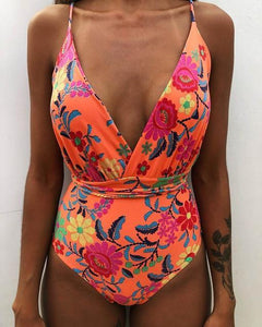 Solid Color Sexy Deep V One Piece Swimsuit  Backless Bodysuit Monokini Swimwear