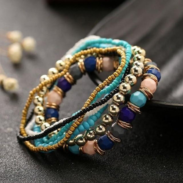 7 Pcs Set Four Seasons Bohemian Multi-layer Beaded Jewelry Elastic Bracelet