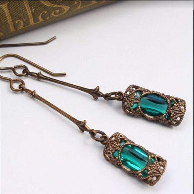 Long Blue Green Stone Dangle Women Bohemian Jewelry Antique Drop Earrings