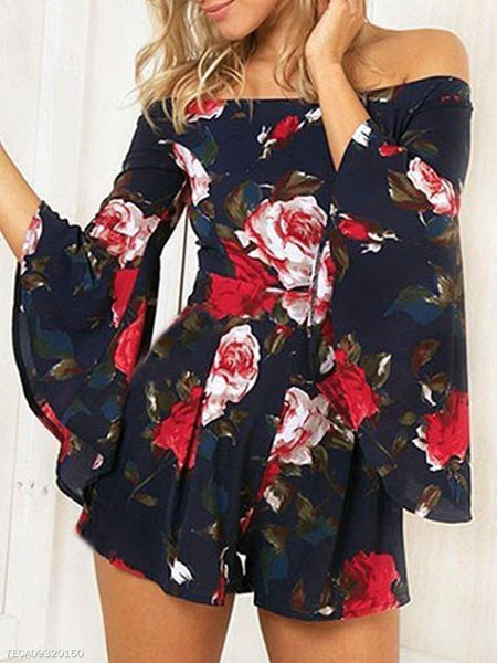 Floral Print Off Shoulder Flared Sleeve Boho Rompers