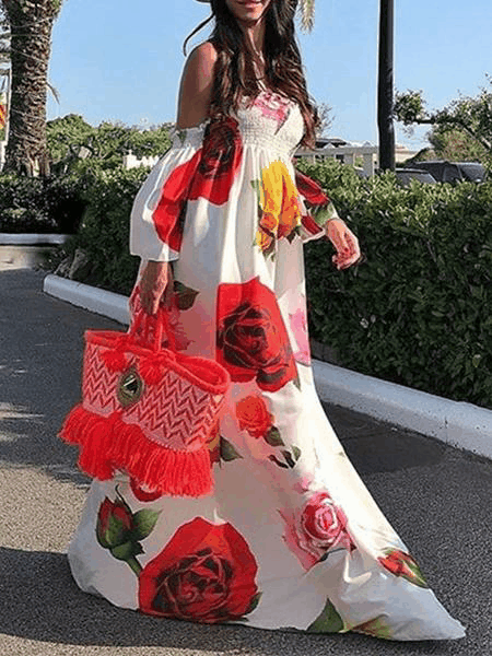 white rose maxi dress White Rose Floral Strapless Off Shoulder Sleeve Big Hem Long Dress – dudesky