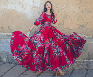 Retro Ethnic Boho Big Swing Floral Printed Maxi Dress